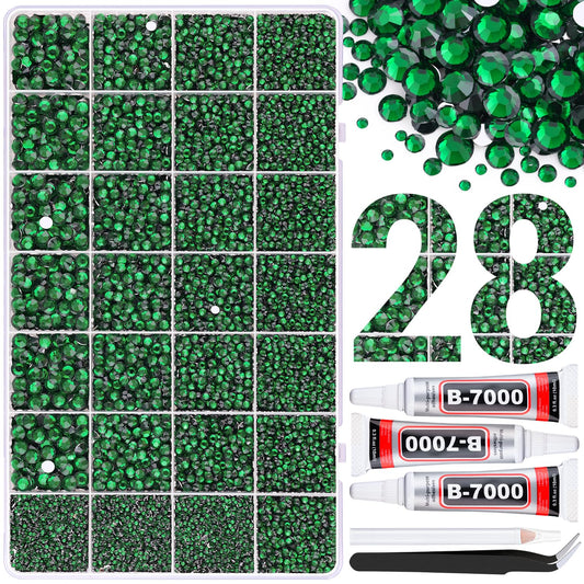 30000Pcs Resin Rhinestones for Bedazzling with 3Pcs B7000 Jewelry Glue, Emerald Green Flatback Gems Rhinestones for Crafting, Clothing Tumblers Mugs Shoes Fabric Decor Nail Art