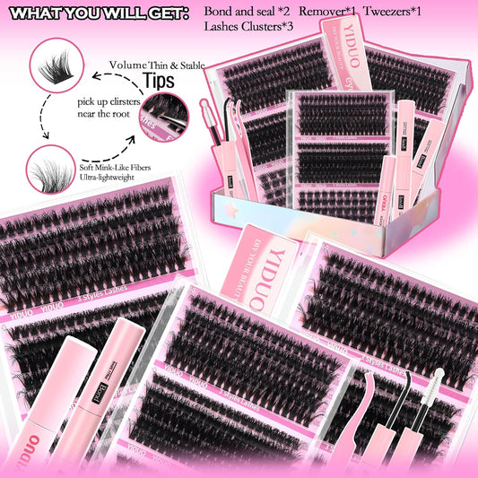 Volume Lashes Clusters Lash Kit Gift Packs 770Pcs with 2X Bond&Seal 5 style Mixed C-Curl False Eyelashes Extensions Faux Mink Individual Lash Wholesale Pack DIY Individual Fake Eyelashes Box