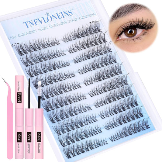Wispy Lash Extension Kit Natural Lash Clusters 180Pcs Individual Lashes Clusters Kit Natural Eyelash Extension Kit C Curl Cluster Eyelash Extensions with Bond and Seal and Tweezers by TNFVLONEINS