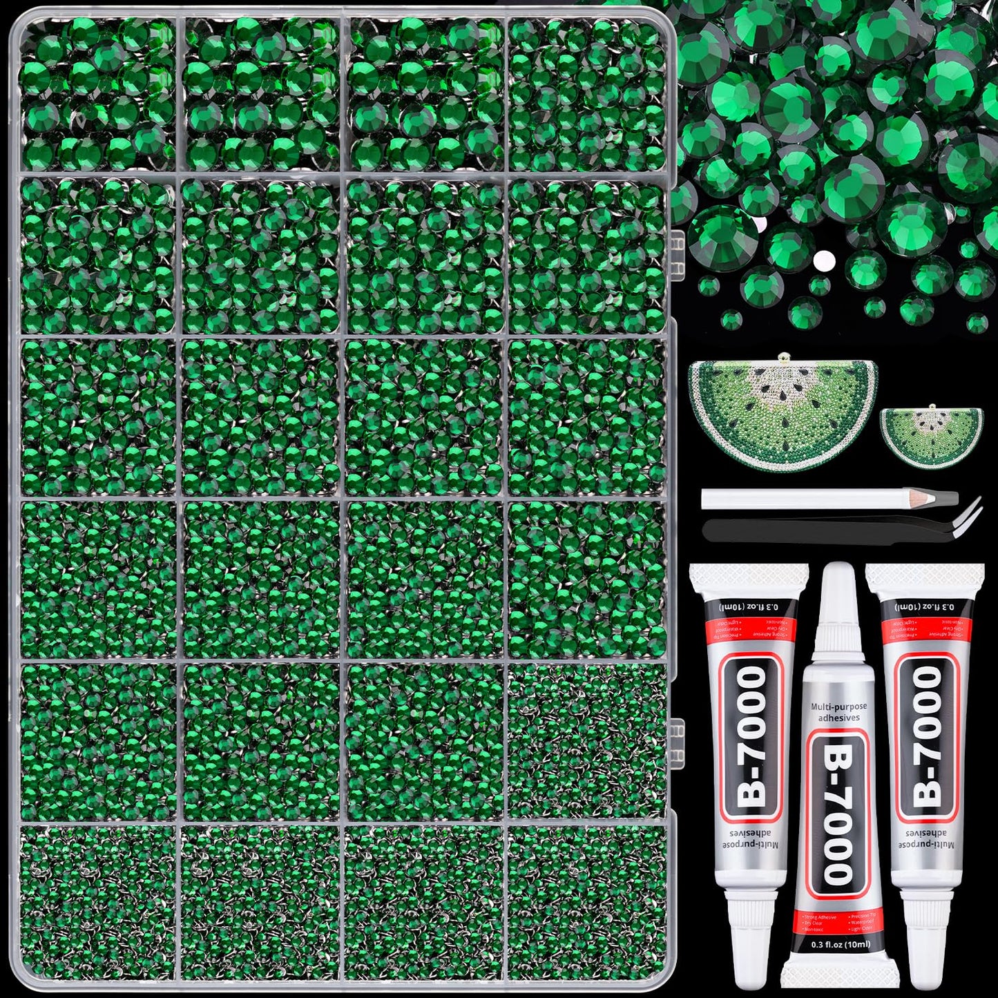 25000Pcs Resin Rhinestones with B7000 Jewelry Glue for Crafting, Dark Green 2-6mm Non Hotfix Flatback Gems, Bedazzling Crystal for DIY Crafts Clothing Tumblers Mugs Shoes Fabric Decor Nail Art