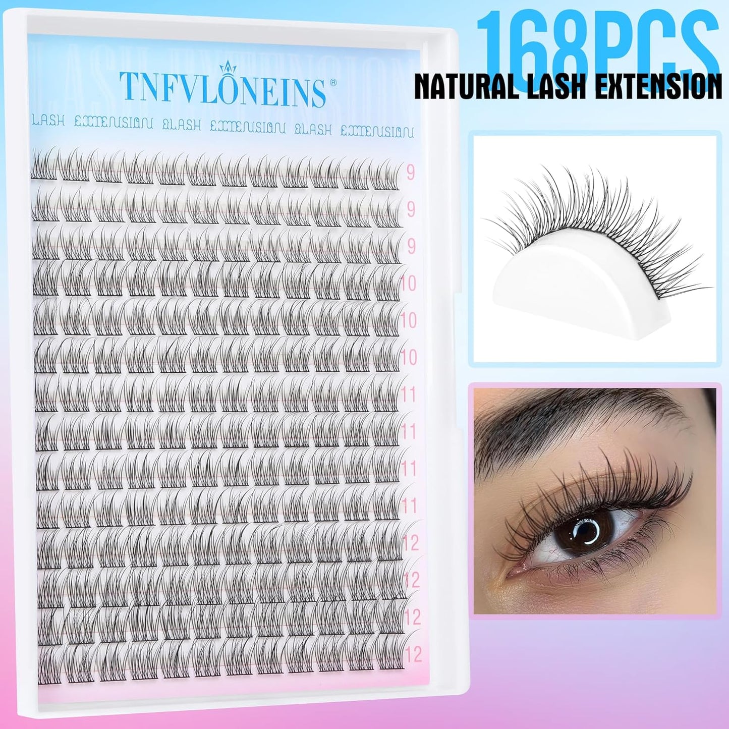 Natural Lash Extension Kit 168Pcs Lash Clusters Kit Wispy Eyelash Extensions 9-12MM Individual Lashes Extensions with Bond and Seal Lash Glue and Eyelash Extension Tweezers DIY at Home by TNFVLONEINS