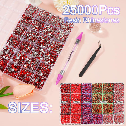 Canvalite 25000PCS Resin Jelly Rhinestones for Crafting,Red Flatback Gems, Bedazzling Crystal with 5Pcs 2.5g B7000 Jewelry Glue and Tweezers and Dotting Pen for DIY Crafts Clothing Shoes Nail Art