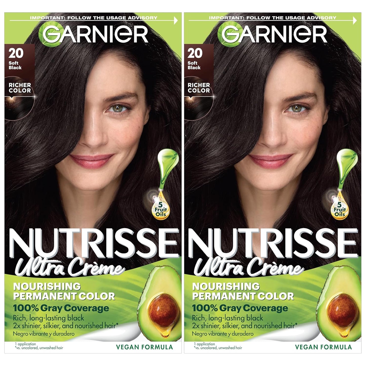 Garnier Hair Color Nutrisse Nourishing Creme, 20 Soft Black (Black Tea) Permanent Hair Dye, 2 Count (Packaging May Vary)