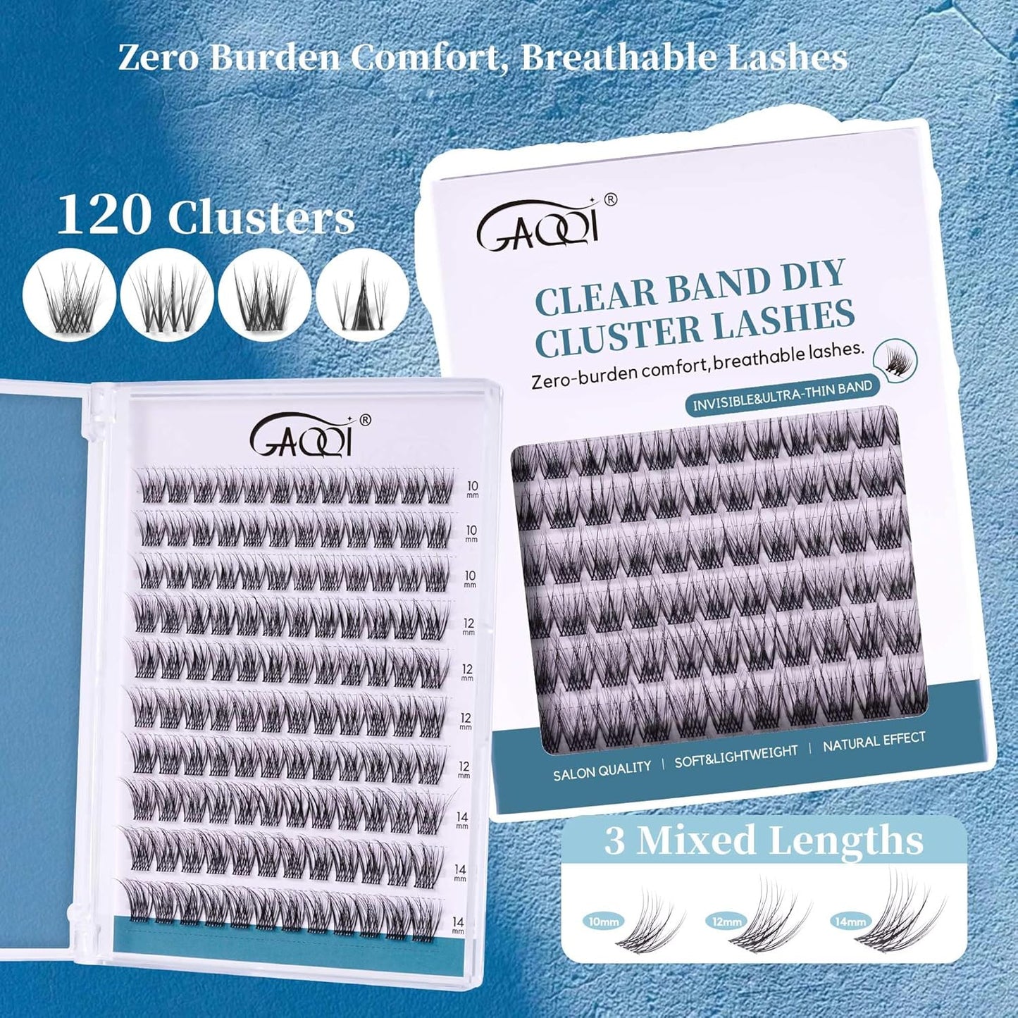 GAQQI Lash Clusters Volume & Wispy Eyelash Clusters 10-14mm Cluster Lashes 120PCS, Cluster Eyelash Extensions C Curl, Ultra-thin & Soft Clear Band False Lashes Wide Band (WING)