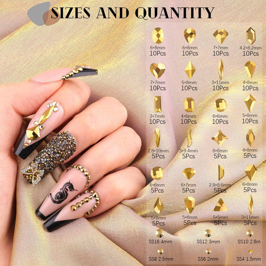2750Pcs Mineral Gold Glass Nail Rhinestones 240Pcs Multi Shapes Flatback Nail Gems + 2510Pcs 1.5-4mm Round Crystal, Manicure Nail Charms Diamond Gemstones for Acrylic Nails Decoration