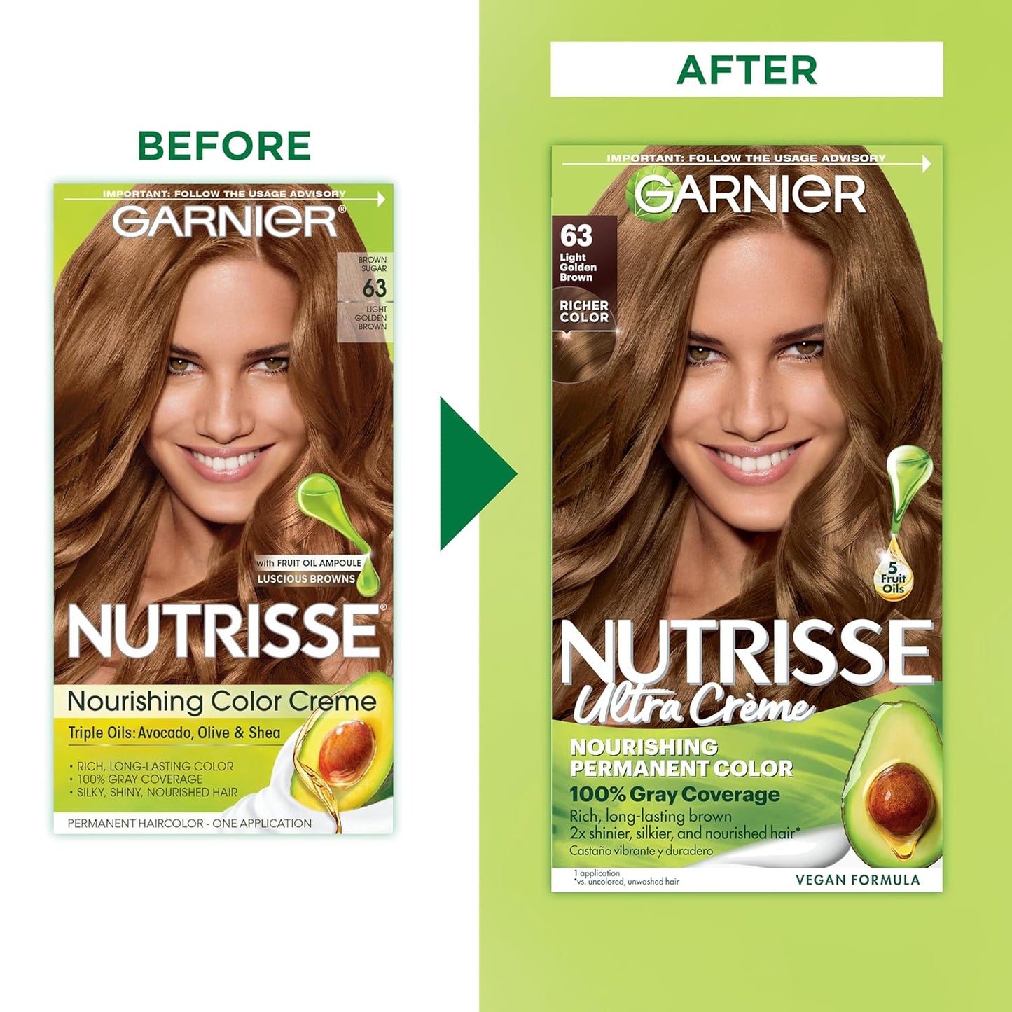 Garnier Hair Color Nutrisse Nourishing Creme, 63 Light Golden Brown (Brown Sugar) Permanent Hair Dye, 2 Count (Packaging May Vary)