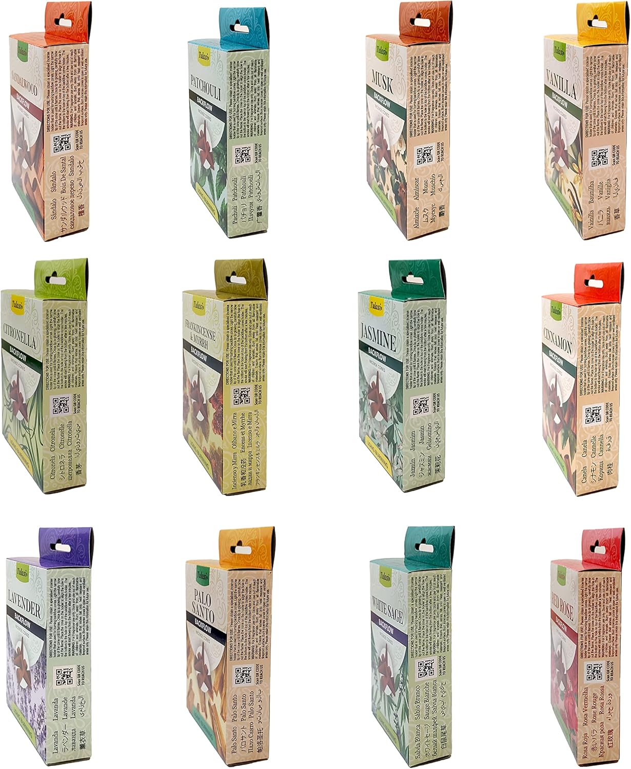 Tulasi Backflow Incense Cones with Natural Oils, Scents Set of 12 Fragrances (120 Cones) Calming Home Aromatherapy, Yoga, Meditation, Relaxing, Mixed Scents with Natural Oils