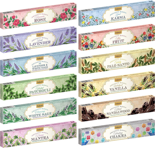 Tulasi Incense Sticks Set of 12 Scents (180 Sticks) Variety Natural Fragrances - Lavender, White Sage, Patchouli, Rose, Chakra, Mantra, Sandalwood, Palo Santo, Fruit for Meditation & Positive Vibes